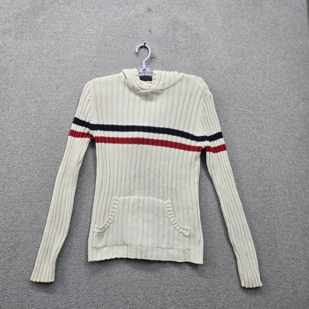 Polo Jeans Co Ralph Lauren Women Sweater L Ivory Striped Hooded Ribbed Pullover